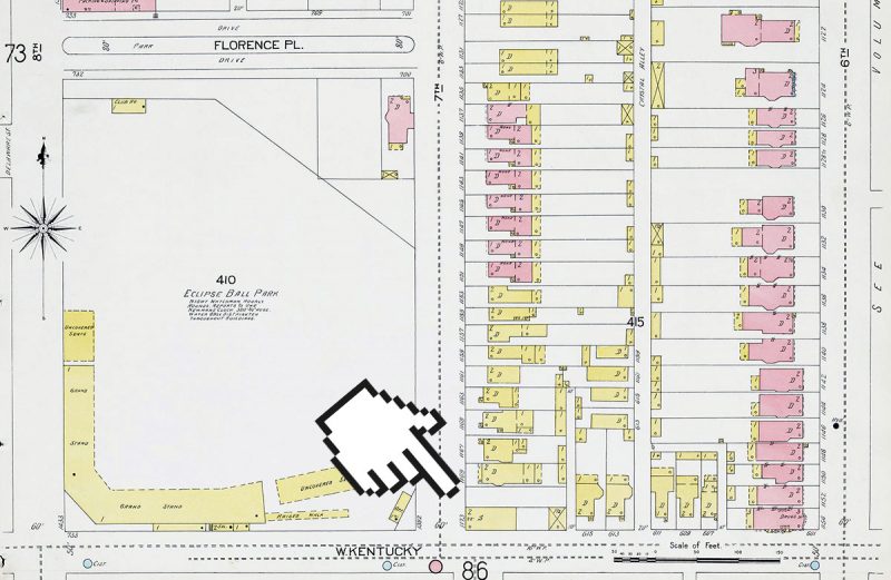 A 1905 Sanborn map shows the grocery store building standing on the corner across from the baseball field. (Courtesy KYVL)