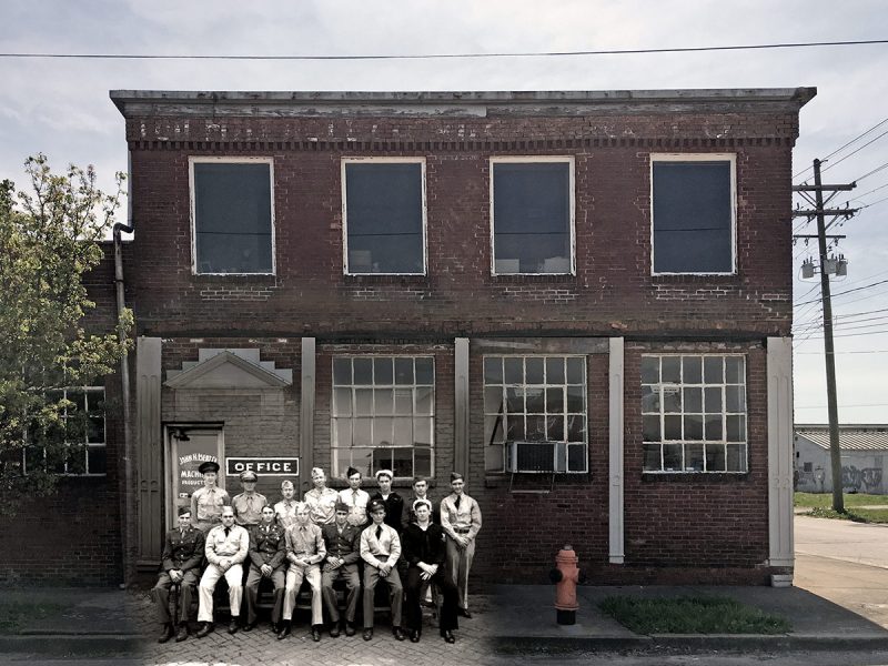 A group of veterans pose in front of the John H. Isert Co., now Interapt's headquarters, in 1944. Underlaid with a modern view of the building. (Historic image courtesy UL Photo Archives - Reference; Building photo and montage by Broken Sidewalk)
