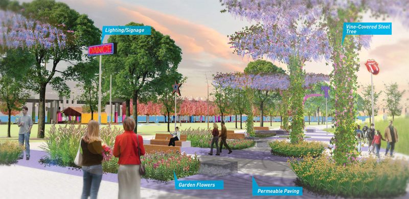 Rendering of the potential future view of Waterfront Park along Rowan Street. (MKSK / Courtesy WDC)