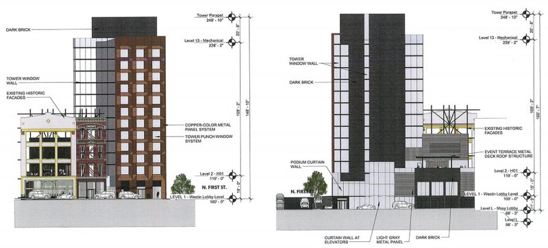 South elevation along Main (left) shows the tower interfacing with the old facades while the north elevation (right) shows the appearance on Washington Street. (Courtesy HKS Hospitality)