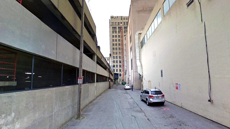 Looking down Post Office Alley toward the Starks Building. (Google Street View)