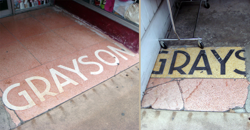 Terrazzo floor spelling 'Grayson' on Fourth Street