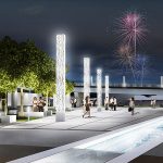 Big Four Station’s light columns glowing at night. (Courtesy The Estopinal Group)