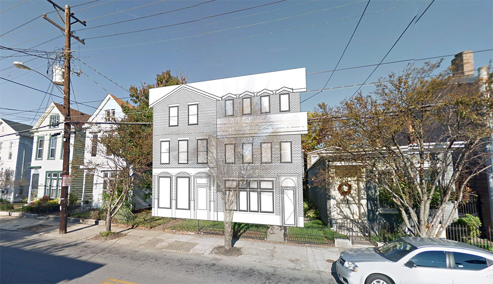 Mockup of the Baxter Flats, proposed at 615–617 Baxter Avenue. Not to scale. (Montage by Broken Sidewalk)
