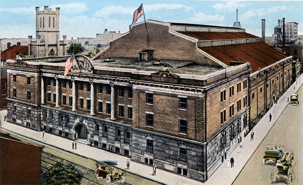 Louisville armory circa 1917 showing long-lost stone eagles keeping watch from its parapet.