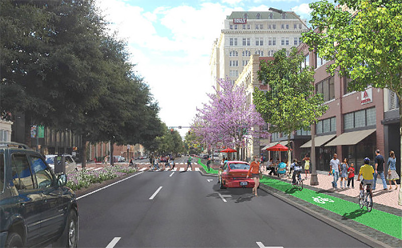 A proposed protected car lane on Board Street in Chattanooga, Tennessee. (Courtesy PeopleForBikes)