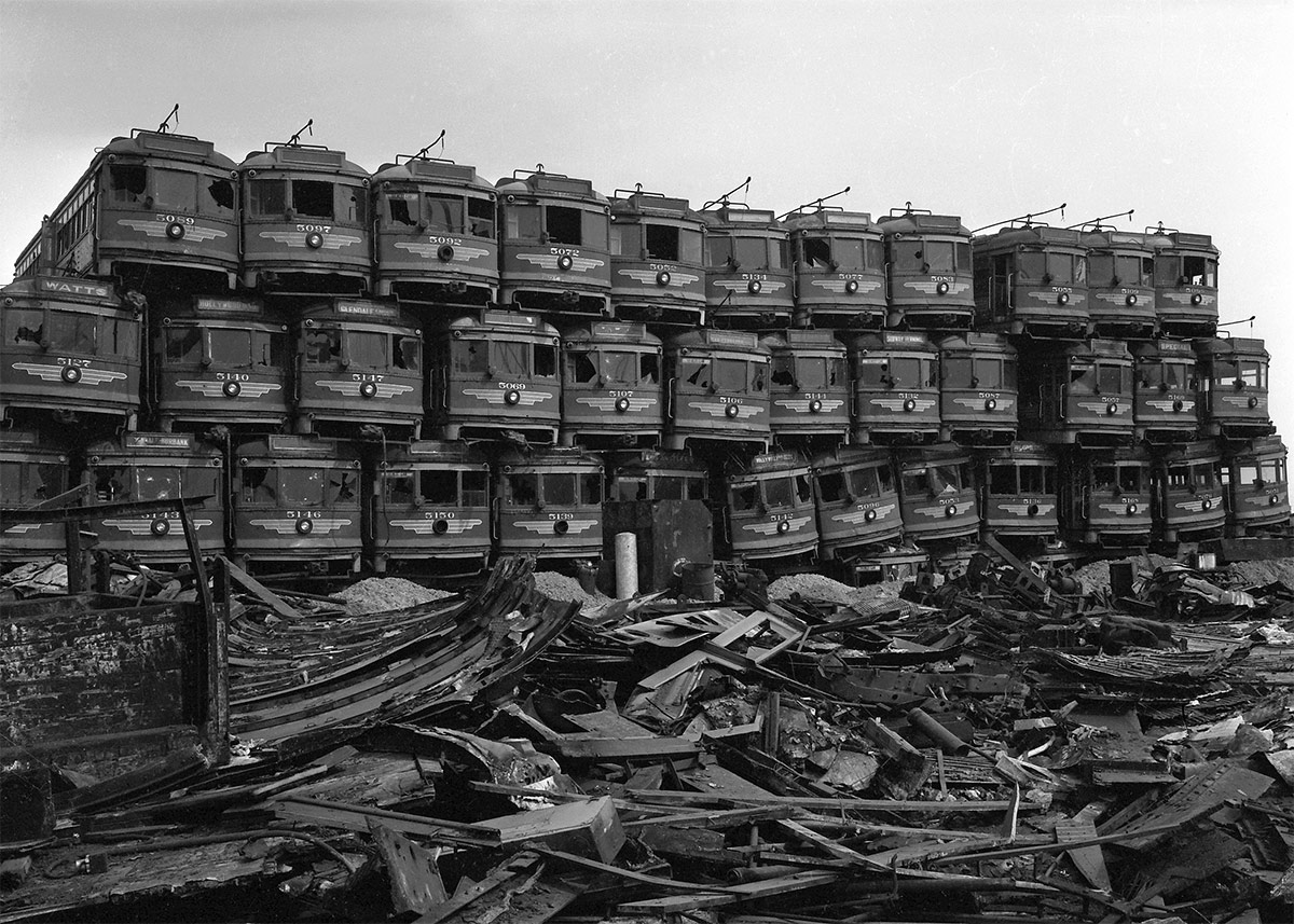 A stack of trolleys from Los Angeles at the scrapyard. (Courtesy Wikimedia Commons)
