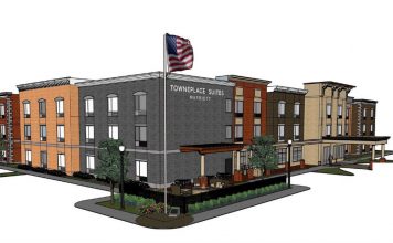 Rendering of the Jeffersonville TownPlace Suites sans retail. (Courtesy ARC / Dora Hospitality)