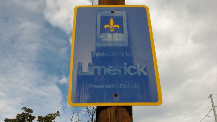 A sign for the Limerick Preservation District. (Branden Klayko / Broken Sidewalk)