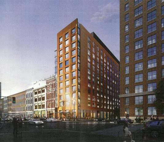 (Rendering of a dual-hotel tower at First and Main streets. (Courtesy HKS Hospitality)
