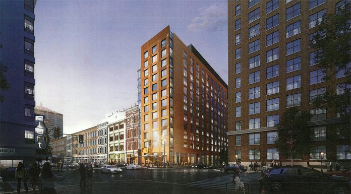 (Rendering of a dual-hotel tower at First and Main streets. (Courtesy HKS Hospitality)