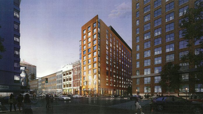 (Rendering of a dual-hotel tower at First and Main streets. (Courtesy HKS Hospitality)