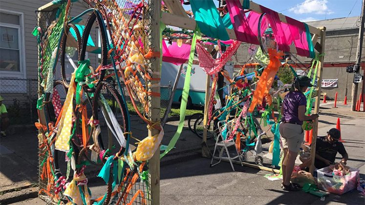 A colorful parklet partially made with bike parts. (Mary Beth Brown)
